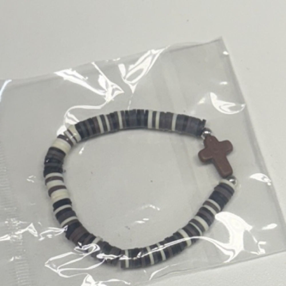 Brown Striped Bracelet with Cross Charm